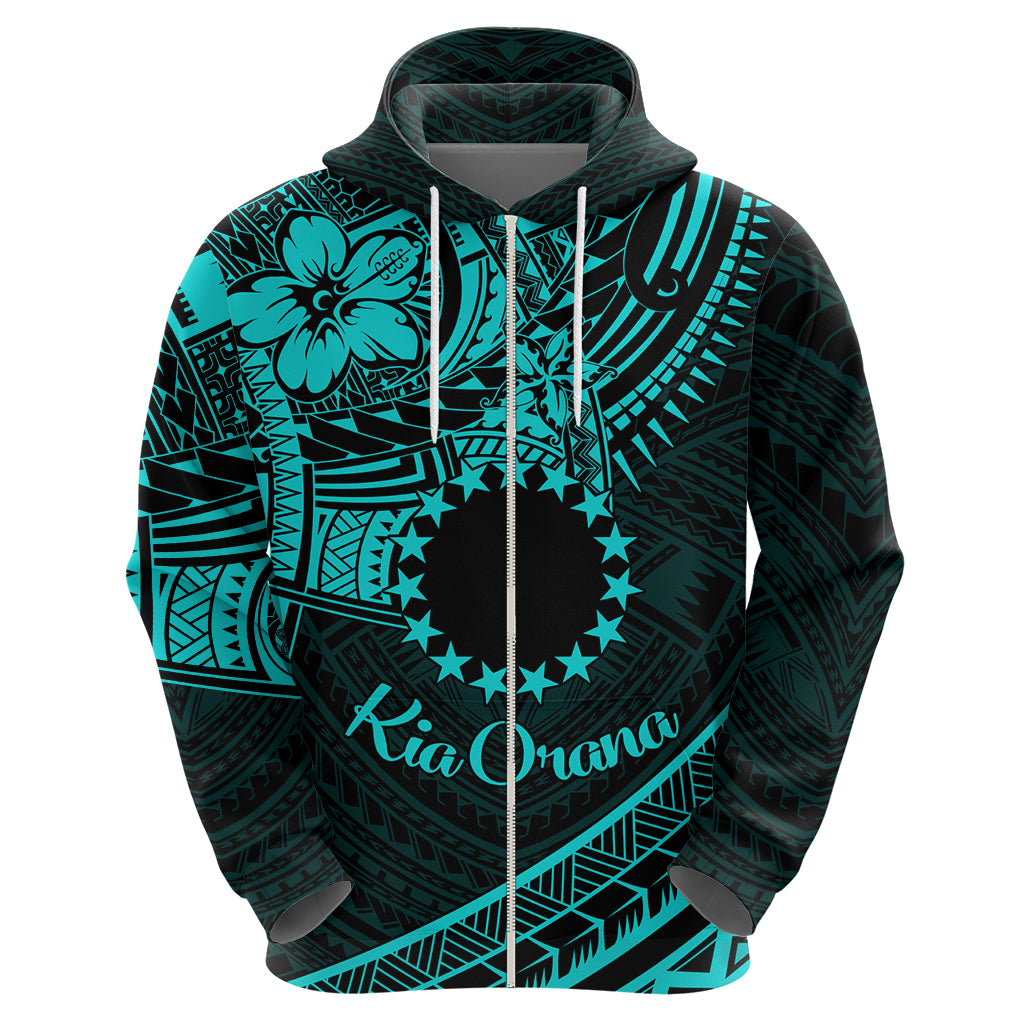 Kia Orana Cook Islands Hoodie Circle Stars With Floral Turquoise Pattern LT01 - Polynesian Pride