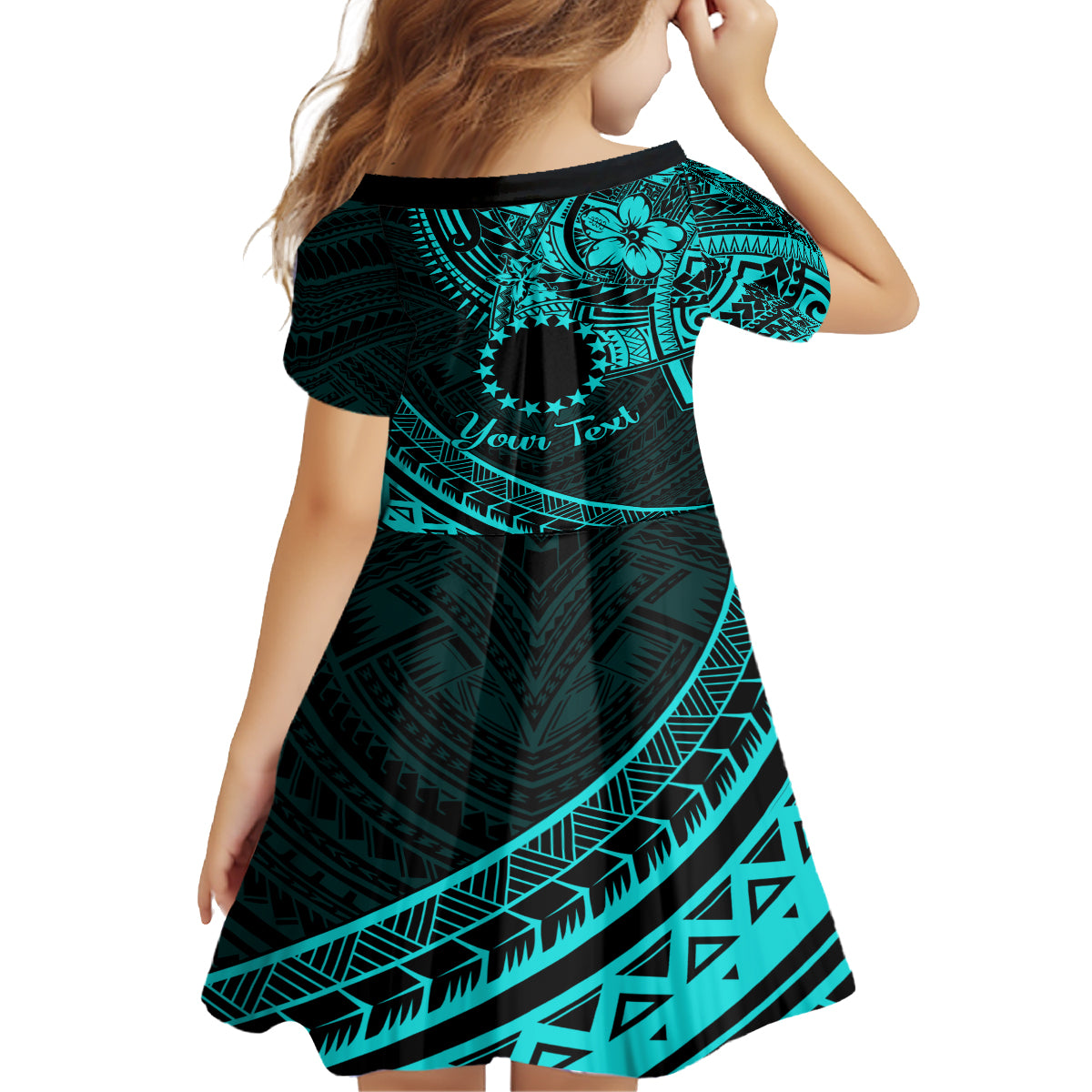 Kia Orana Cook Islands Kid Short Sleeve Dress Circle Stars With Floral Turquoise Pattern LT01 - Polynesian Pride