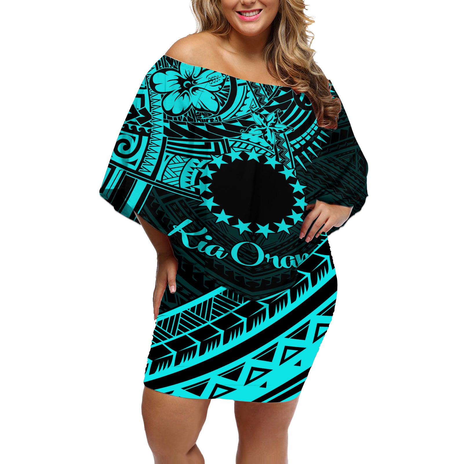 Kia Orana Cook Islands Off Shoulder Short Dress Circle Stars With Floral Turquoise Pattern LT01 Women Turquoise - Polynesian Pride