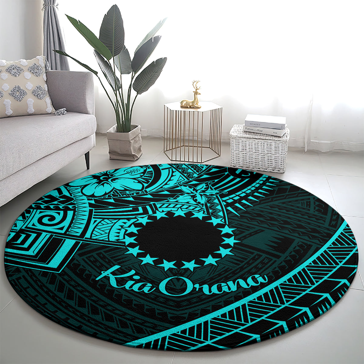 Kia Orana Cook Islands Round Carpet Circle Stars With Floral Turquoise Pattern LT01 - Polynesian Pride