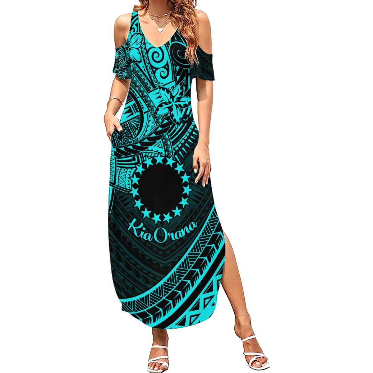 Kia Orana Cook Islands Summer Maxi Dress Circle Stars With Floral Turquoise Pattern LT01 Women Turquoise - Polynesian Pride