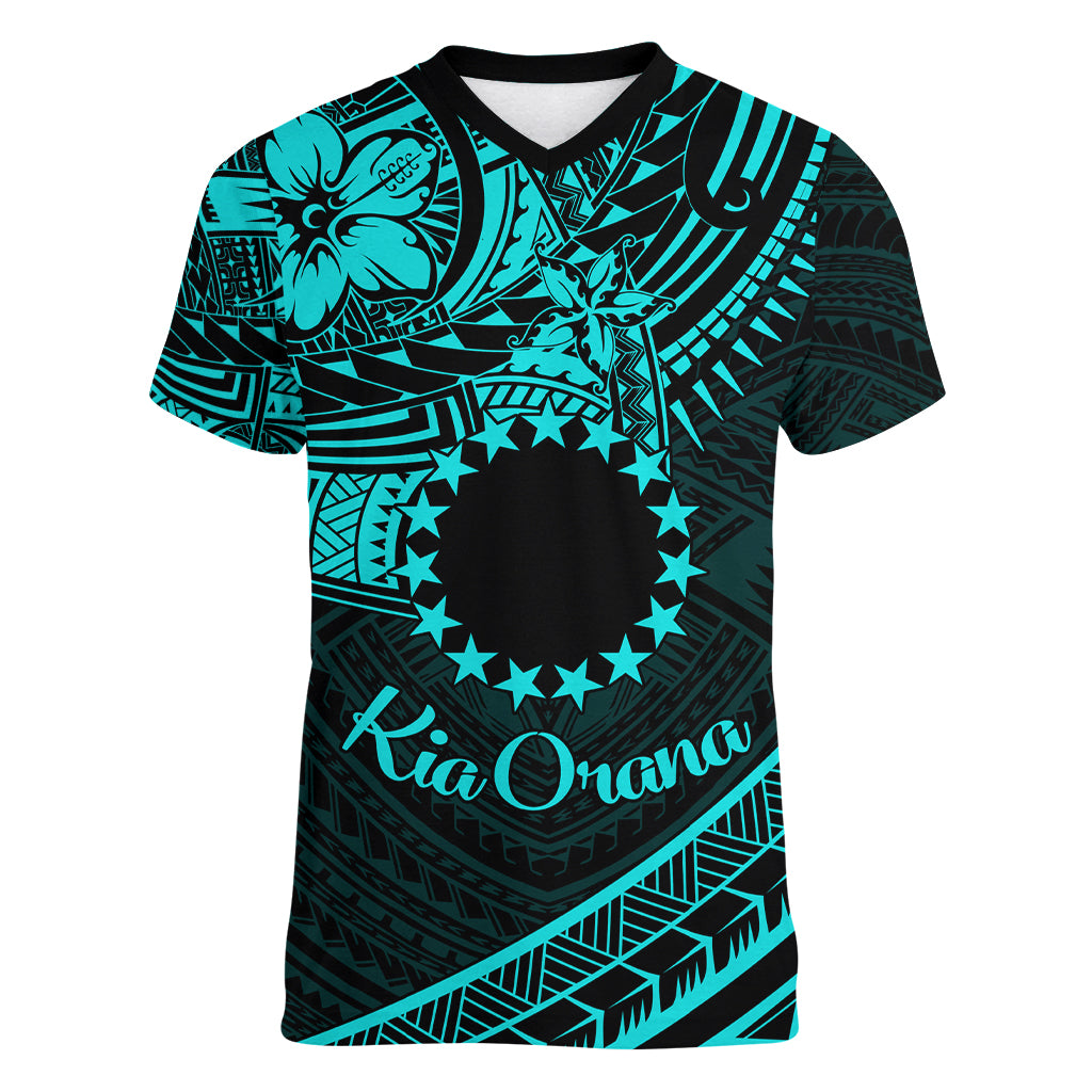 Kia Orana Cook Islands Women V Neck T Shirt Circle Stars With Floral Turquoise Pattern LT01 Female Turquoise - Polynesian Pride