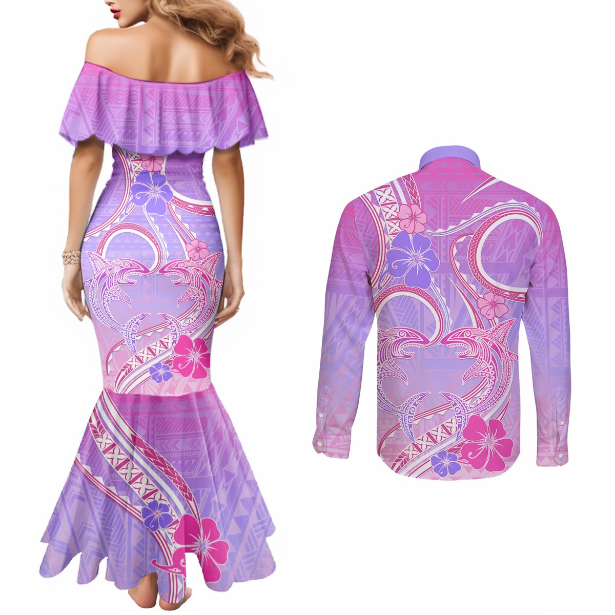 Polynesian Shark Valentine Couples Matching Mermaid Dress and Long Sleeve Button Shirt Sweet Unique Version LT01 - Polynesian Pride