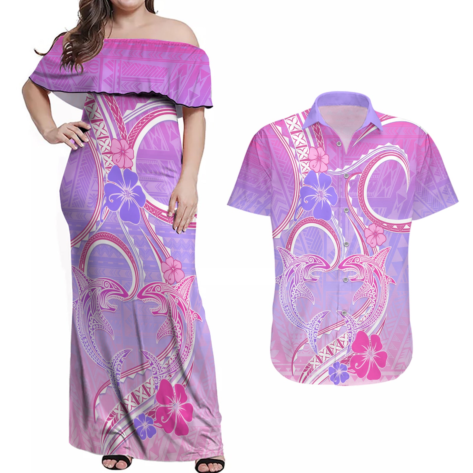 Polynesian Shark Valentine Couples Matching Off Shoulder Maxi Dress and Hawaiian Shirt Sweet Unique Version LT01 Pink - Polynesian Pride