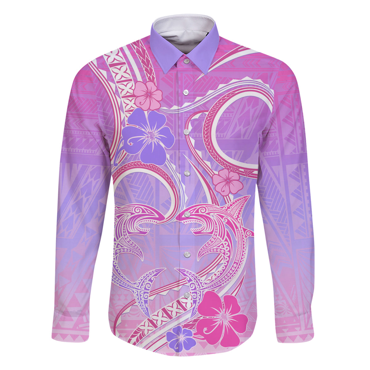 Polynesian Shark Valentine Family Matching Off Shoulder Short Dress and Hawaiian Shirt Sweet Unique Version LT01 Dad's Shirt - Long Sleeve Pink - Polynesian Pride