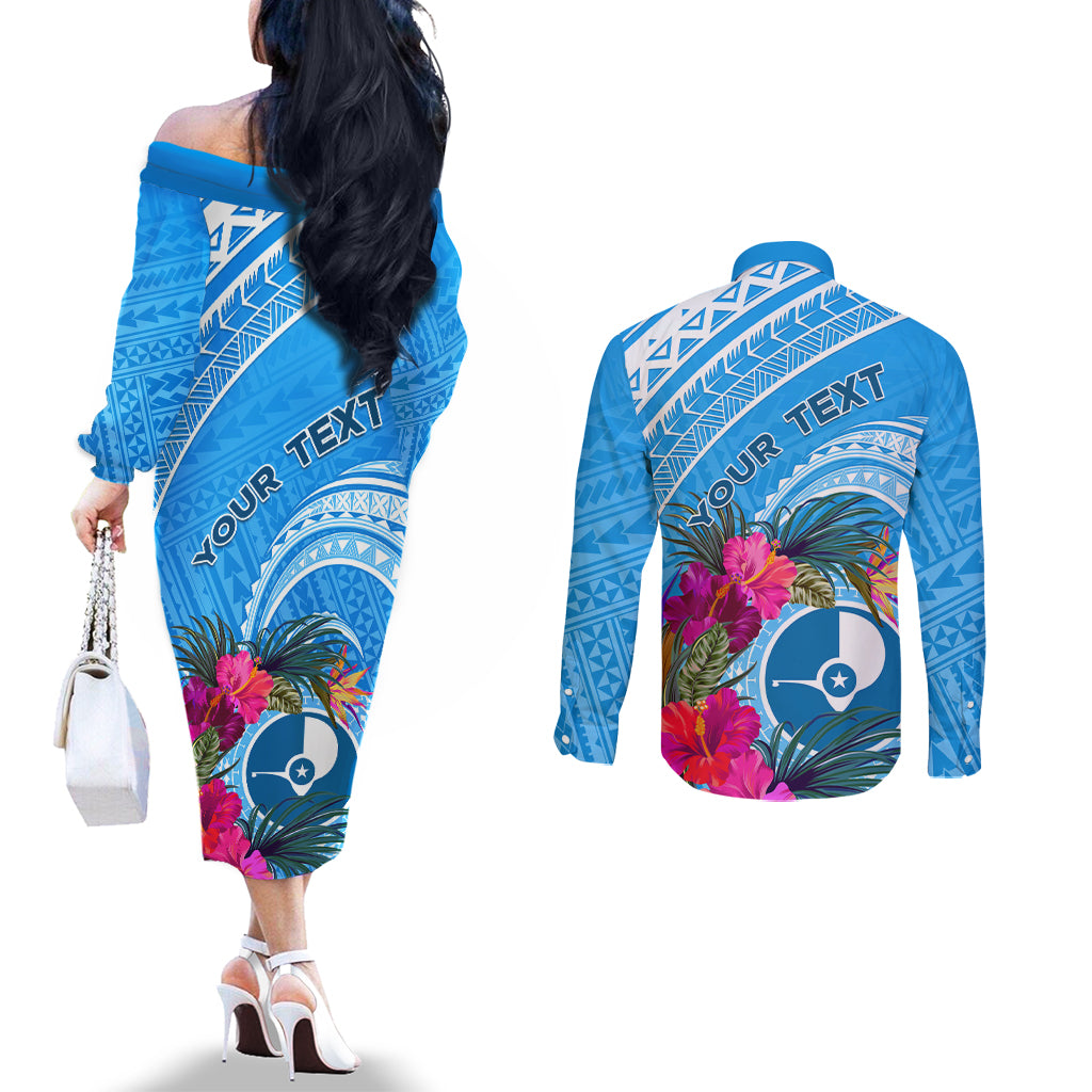 Yap Day Couples Matching Off The Shoulder Long Sleeve Dress and Long Sleeve Button Shirt Nam nu Waqab Tropical Flower LT01 - Polynesian Pride