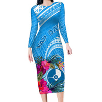 Yap Day Family Matching Long Sleeve Bodycon Dress and Hawaiian Shirt Nam nu Waqab Tropical Flower LT01 Mom's Dress Blue - Polynesian Pride