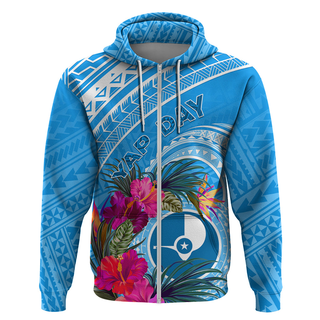 Yap Day Hoodie Nam nu Waqab Tropical Flower LT01 Zip Hoodie Blue - Polynesian Pride