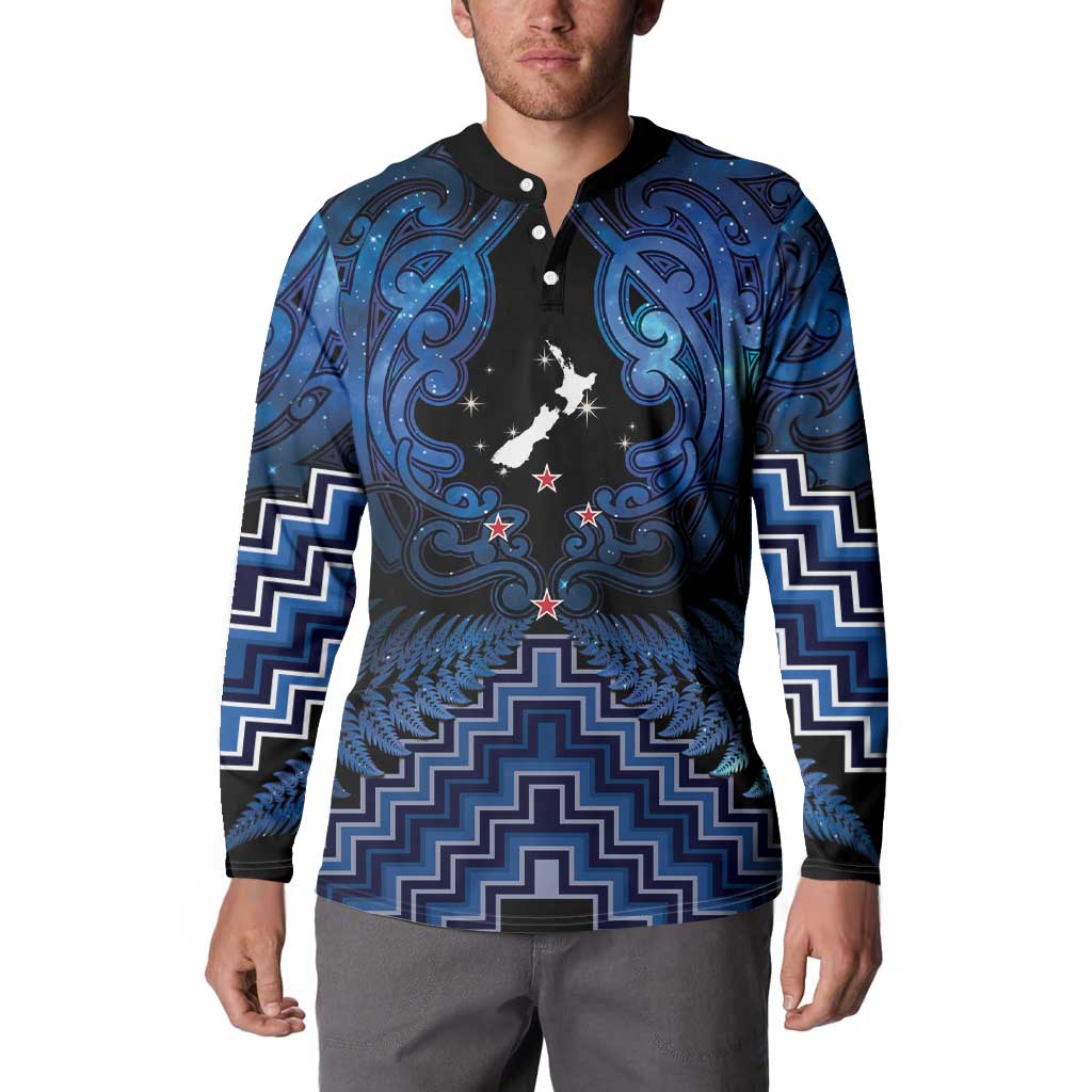 Personalised Aotearoa Matariki Button Sweatshirt Blue Fern Maori Poutama