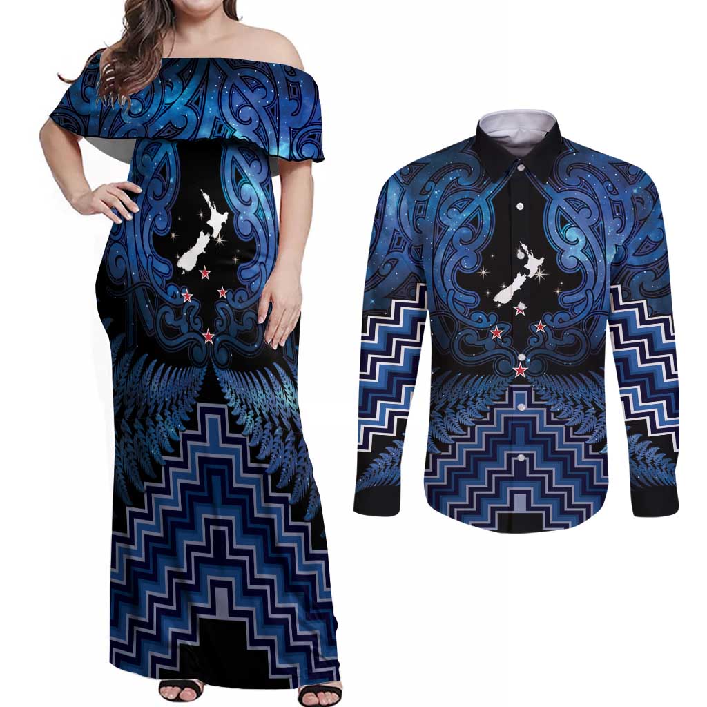 Personalised Aotearoa Matariki Couples Matching Off Shoulder Maxi Dress and Long Sleeve Button Shirt Blue Fern Maori Poutama