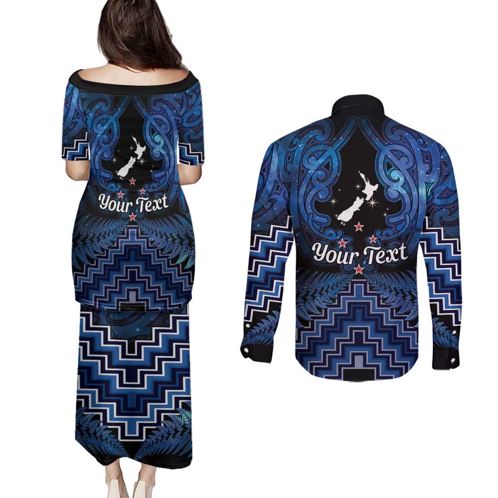 Personalised Aotearoa Matariki Couples Matching Puletasi and Long Sleeve Button Shirt Blue Fern Maori Poutama