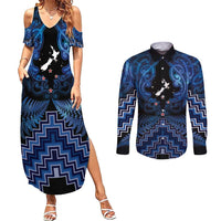 Personalised Aotearoa Matariki Couples Matching Summer Maxi Dress and Long Sleeve Button Shirt Blue Fern Maori Poutama
