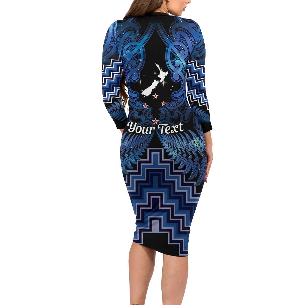 Personalised Aotearoa Matariki Family Matching Long Sleeve Bodycon Dress and Hawaiian Shirt Blue Fern Maori Poutama