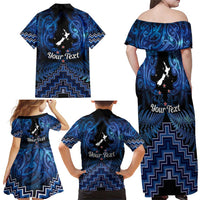 Personalised Aotearoa Matariki Family Matching Off Shoulder Maxi Dress and Hawaiian Shirt Blue Fern Maori Poutama
