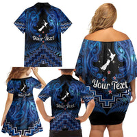 Personalised Aotearoa Matariki Family Matching Off Shoulder Short Dress and Hawaiian Shirt Blue Fern Maori Poutama