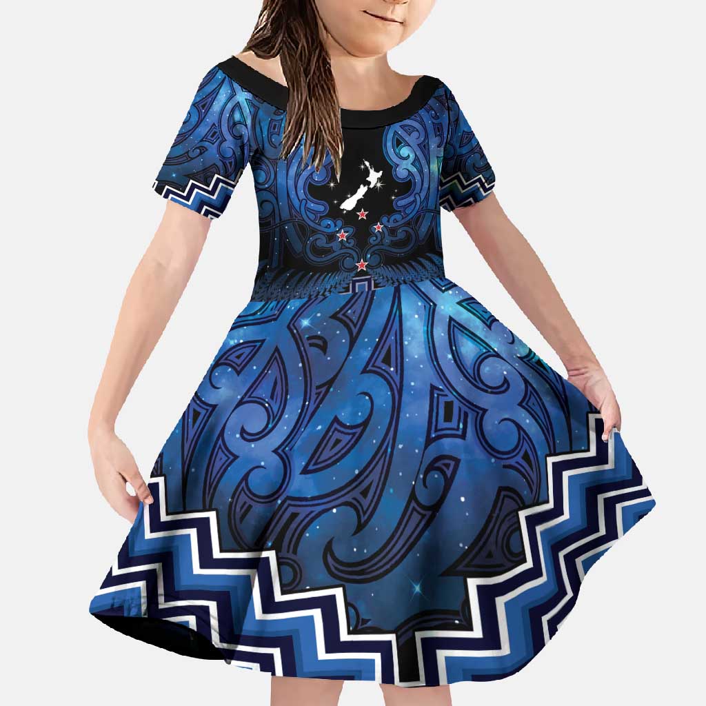 Personalised Aotearoa Matariki Family Matching Short Sleeve Bodycon Dress and Hawaiian Shirt Blue Fern Maori Poutama