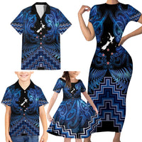 Personalised Aotearoa Matariki Family Matching Short Sleeve Bodycon Dress and Hawaiian Shirt Blue Fern Maori Poutama