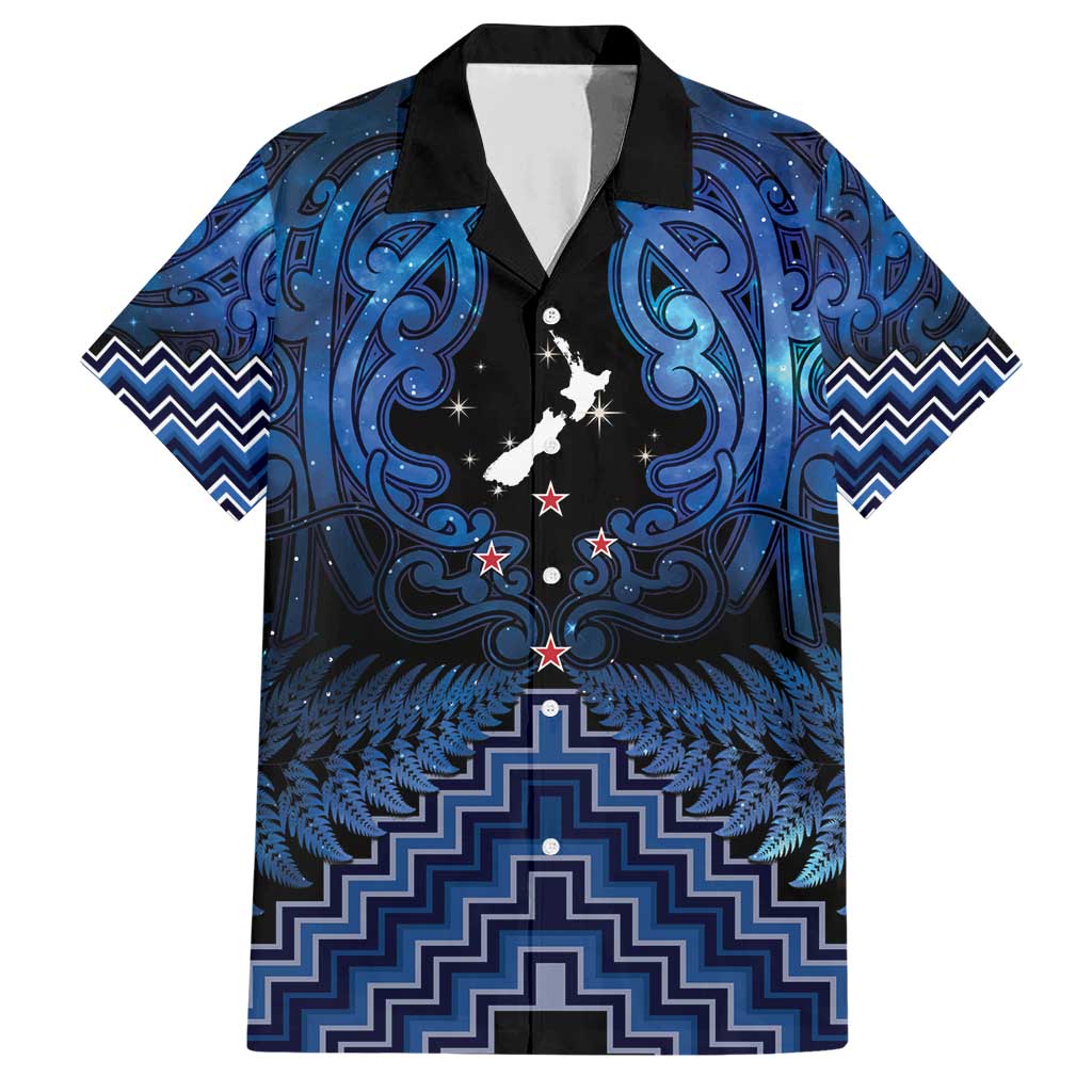 Personalised Aotearoa Matariki Family Matching Short Sleeve Bodycon Dress and Hawaiian Shirt Blue Fern Maori Poutama