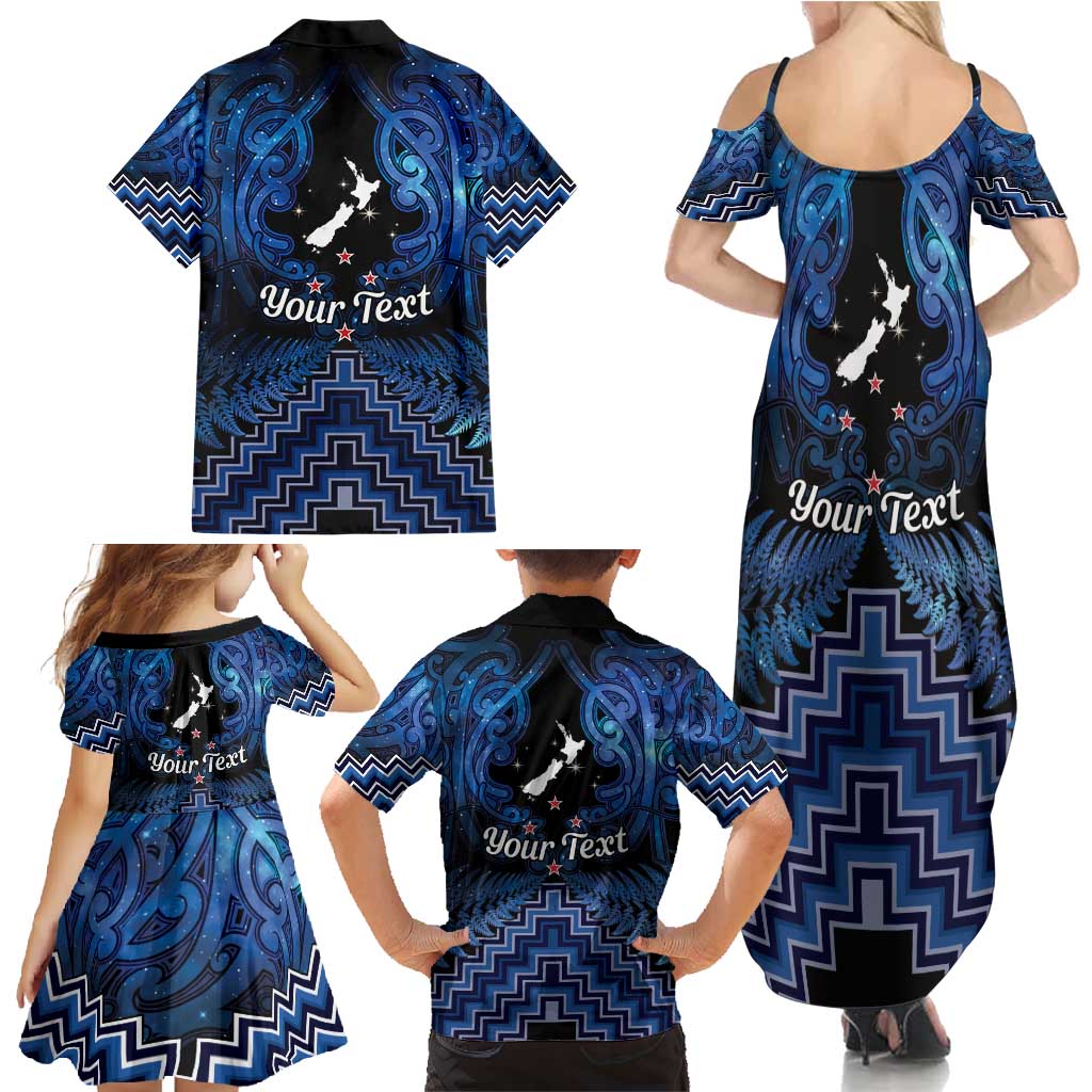Personalised Aotearoa Matariki Family Matching Summer Maxi Dress and Hawaiian Shirt Blue Fern Maori Poutama