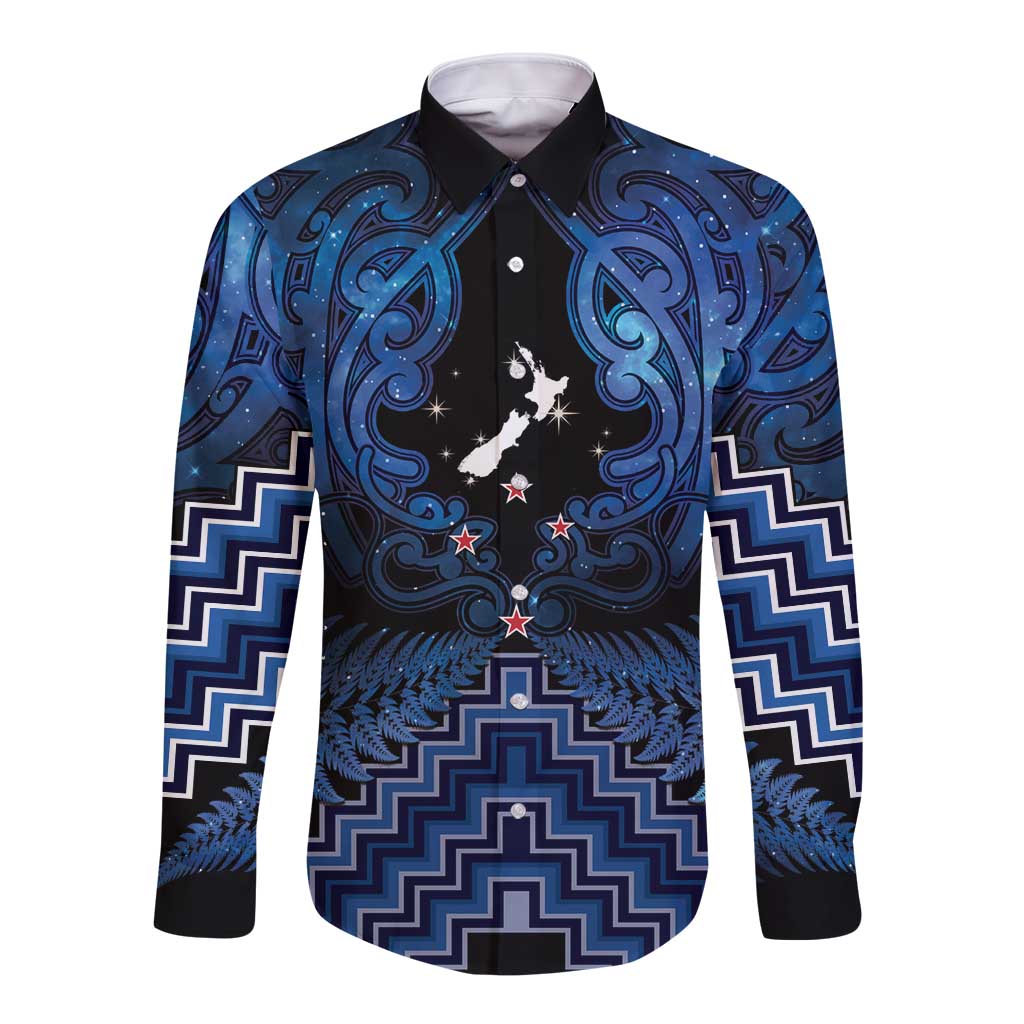 Personalised Aotearoa Matariki Long Sleeve Button Shirt Blue Fern Maori Poutama