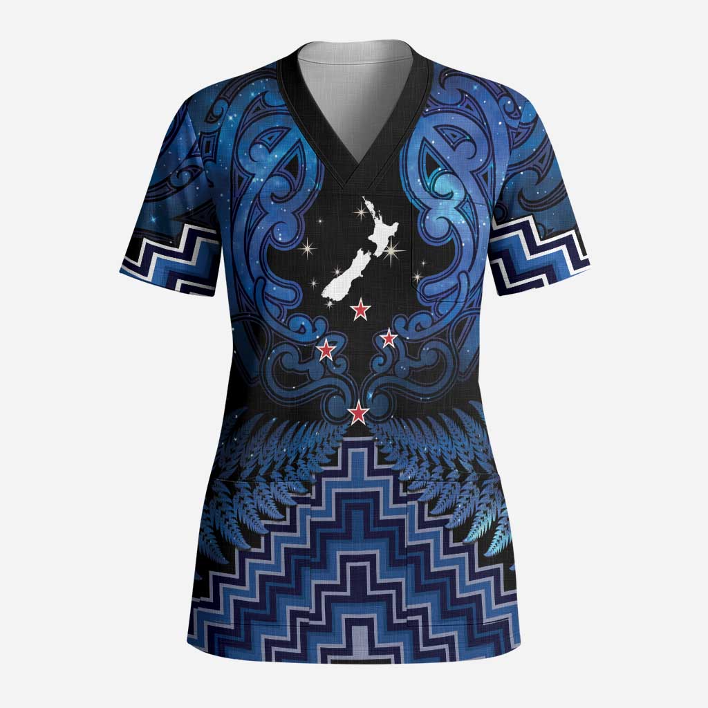 Personalised Aotearoa Matariki Scrub Top Blue Fern Maori Poutama - Polynesian Pride