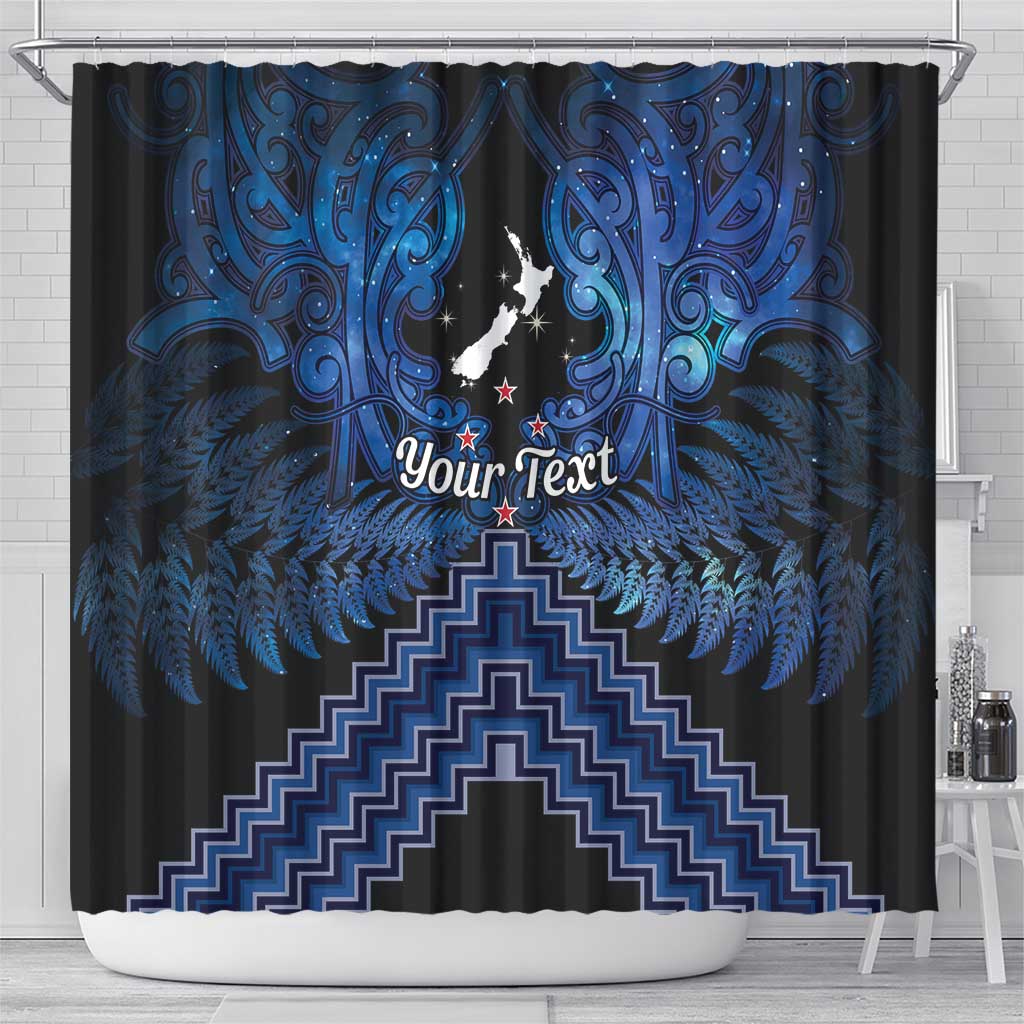 Personalised Aotearoa Matariki Shower Curtain Blue Fern Maori Poutama