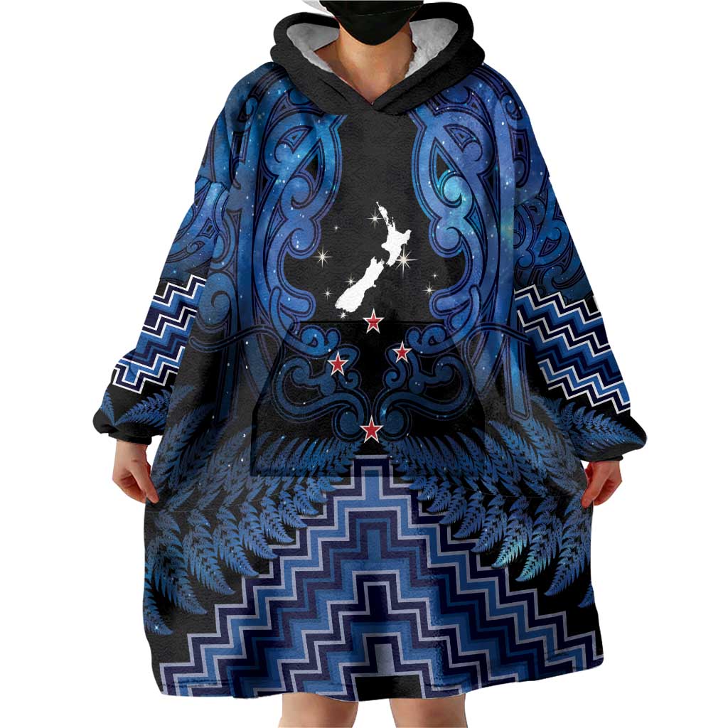Personalised Aotearoa Matariki Wearable Blanket Hoodie Blue Fern Maori Poutama