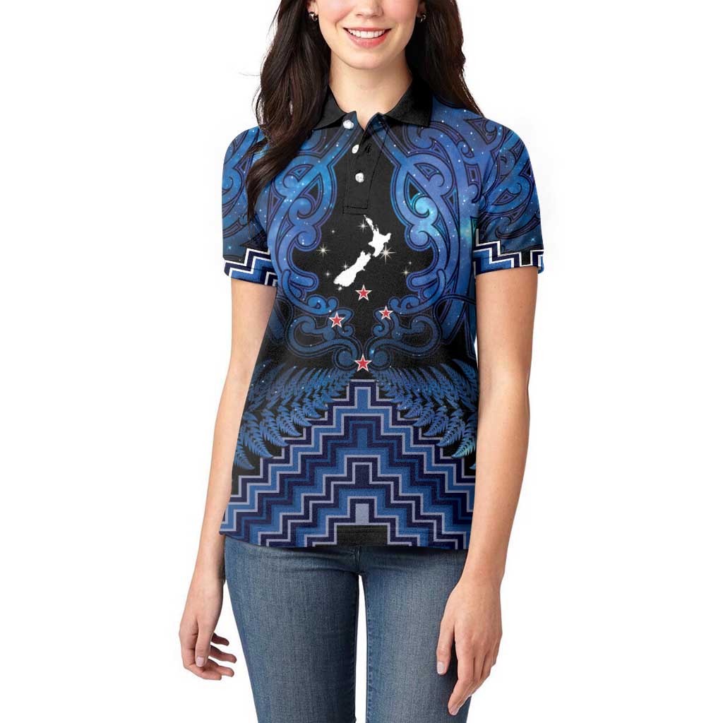 Personalised Aotearoa Matariki Women Polo Shirt Blue Fern Maori Poutama