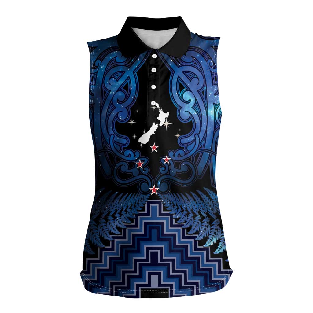 Personalised Aotearoa Matariki Women Sleeveless Polo Shirt Blue Fern Maori Poutama