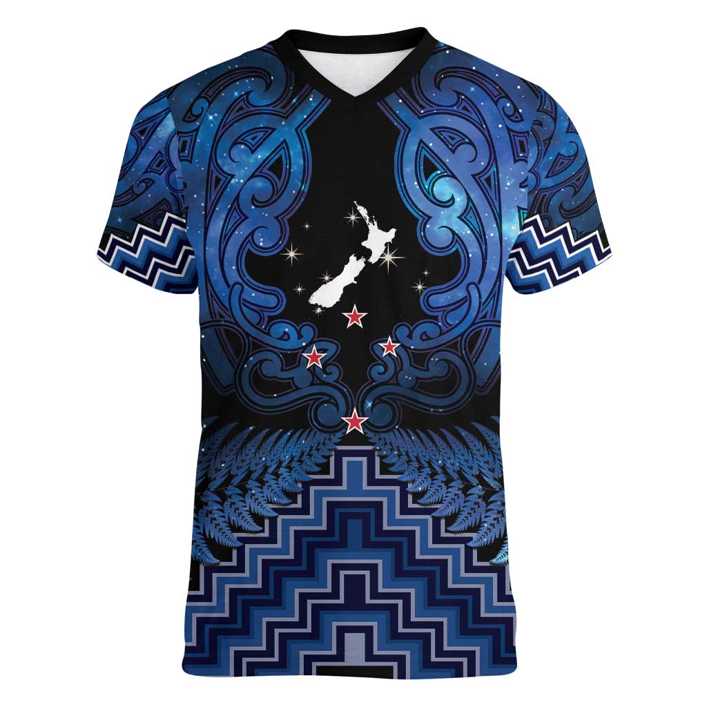 Personalised Aotearoa Matariki Women V-Neck T-Shirt Blue Fern Maori Poutama