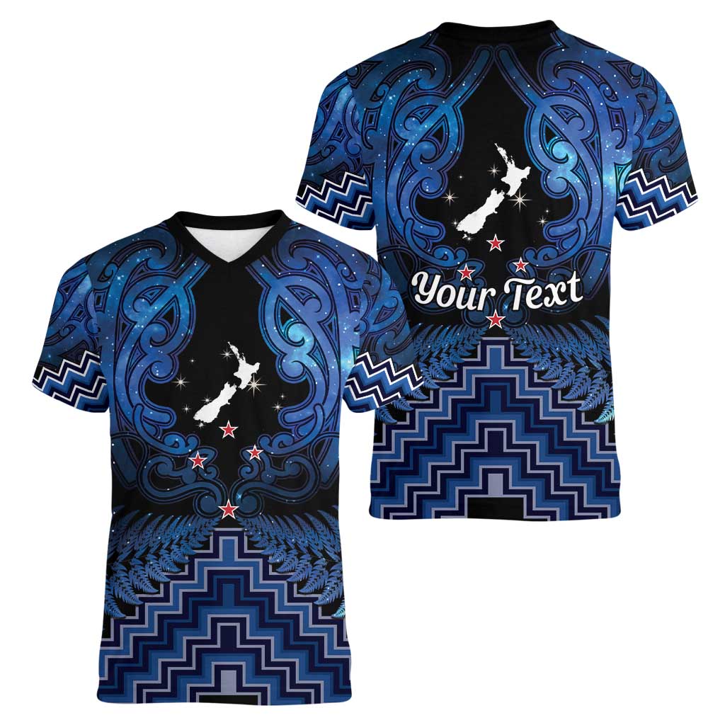Personalised Aotearoa Matariki Women V-Neck T-Shirt Blue Fern Maori Poutama
