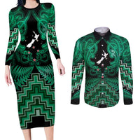 Personalised Aotearoa Matariki Couples Matching Long Sleeve Bodycon Dress and Long Sleeve Button Shirt Green Fern Maori Poutama