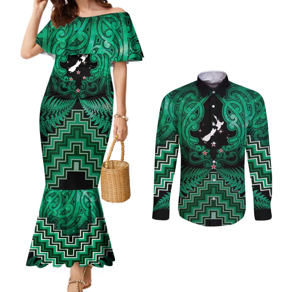 Personalised Aotearoa Matariki Couples Matching Mermaid Dress and Long Sleeve Button Shirt Green Fern Maori Poutama