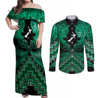 Personalised Aotearoa Matariki Couples Matching Off Shoulder Maxi Dress and Long Sleeve Button Shirt Green Fern Maori Poutama