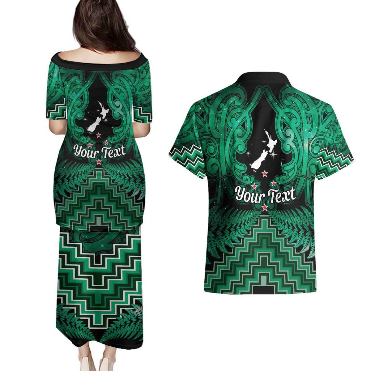 Personalised Aotearoa Matariki Couples Matching Puletasi and Hawaiian Shirt Green Fern Maori Poutama