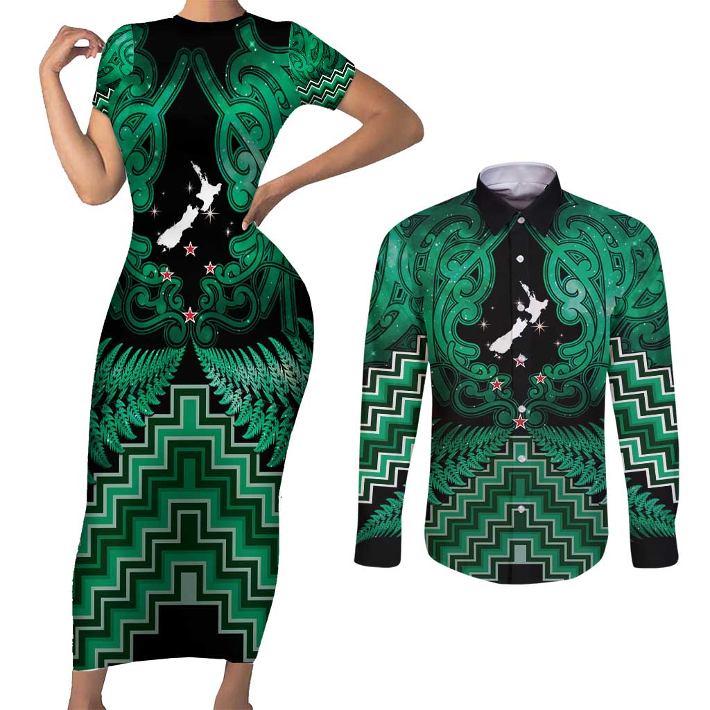 Personalised Aotearoa Matariki Couples Matching Short Sleeve Bodycon Dress and Long Sleeve Button Shirt Green Fern Maori Poutama