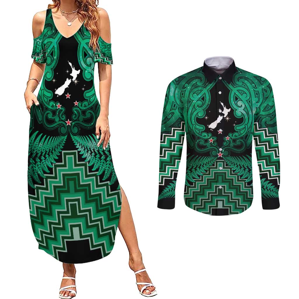 Personalised Aotearoa Matariki Couples Matching Summer Maxi Dress and Long Sleeve Button Shirt Green Fern Maori Poutama