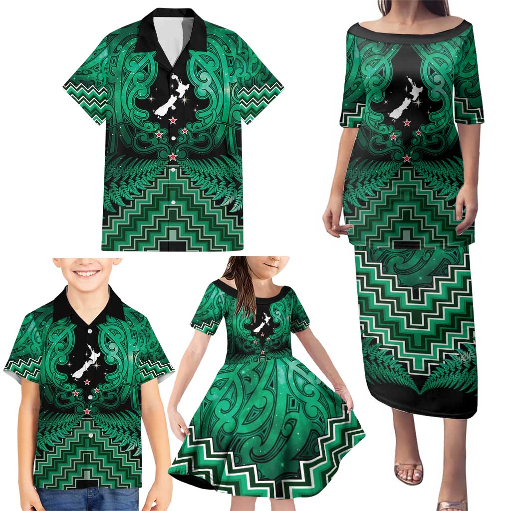 Personalised Aotearoa Matariki Family Matching Puletasi and Hawaiian Shirt Green Fern Maori Poutama