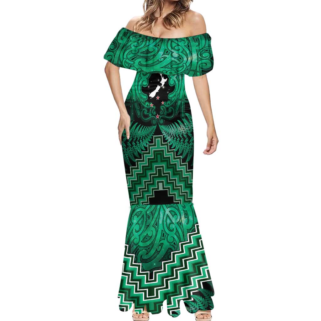 Personalised Aotearoa Matariki Mermaid Dress Green Fern Maori Poutama