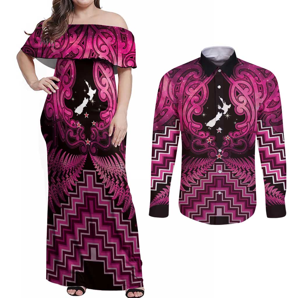 Personalised Aotearoa Matariki Couples Matching Off Shoulder Maxi Dress and Long Sleeve Button Shirt Pink Fern Maori Poutama