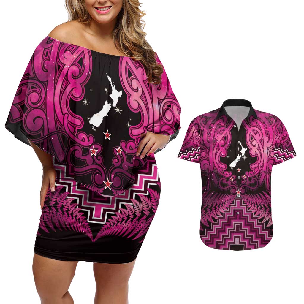 Personalised Aotearoa Matariki Couples Matching Off Shoulder Short Dress and Hawaiian Shirt Pink Fern Maori Poutama