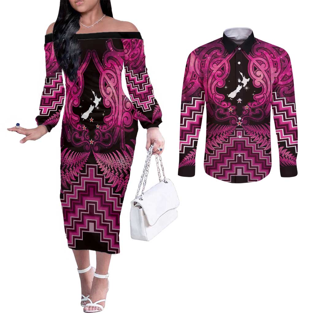 Personalised Aotearoa Matariki Couples Matching Off The Shoulder Long Sleeve Dress and Long Sleeve Button Shirt Pink Fern Maori Poutama