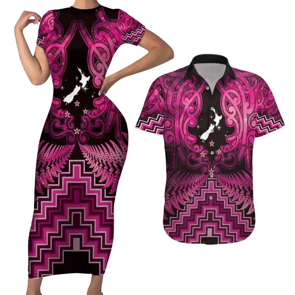 Personalised Aotearoa Matariki Couples Matching Short Sleeve Bodycon Dress and Hawaiian Shirt Pink Fern Maori Poutama