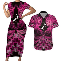 Personalised Aotearoa Matariki Couples Matching Short Sleeve Bodycon Dress and Hawaiian Shirt Pink Fern Maori Poutama