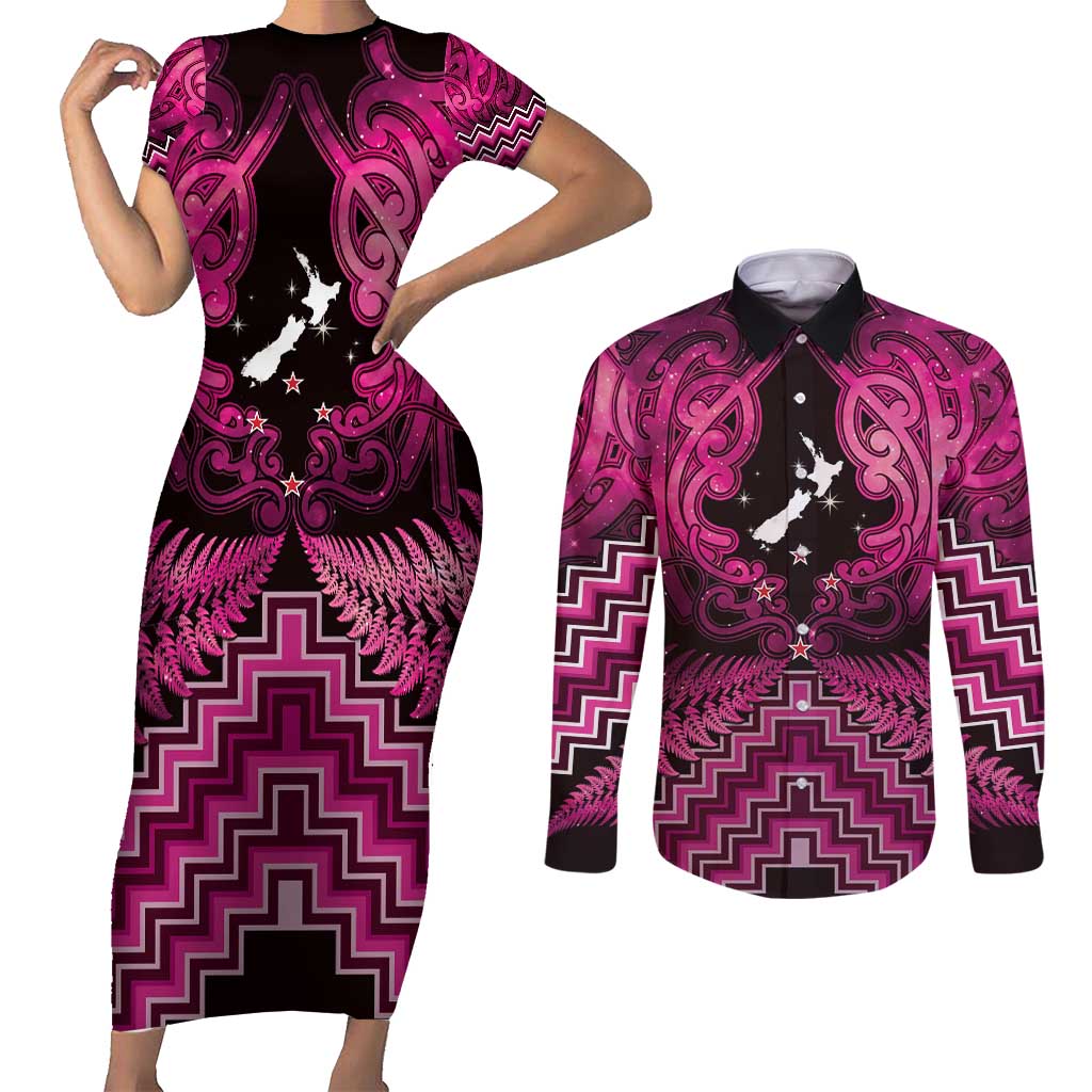 Personalised Aotearoa Matariki Couples Matching Short Sleeve Bodycon Dress and Long Sleeve Button Shirt Pink Fern Maori Poutama