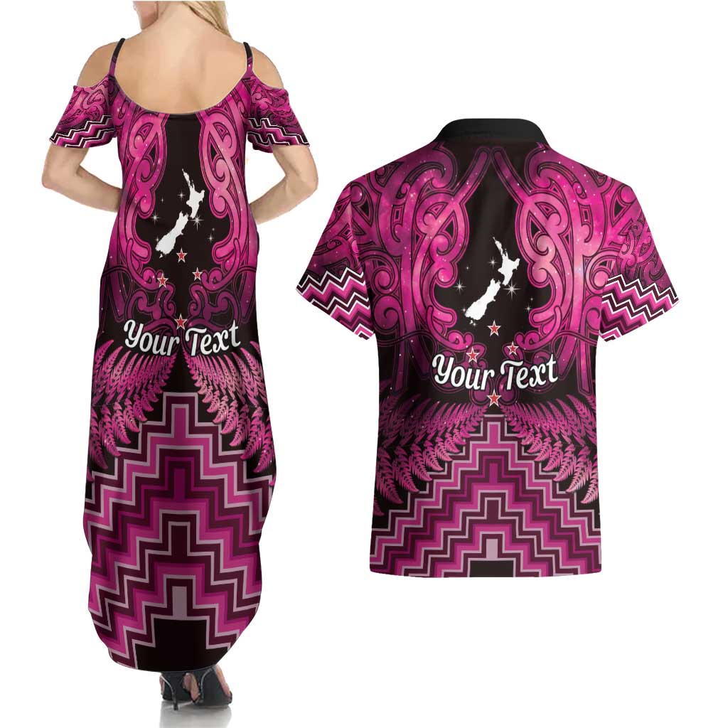 Personalised Aotearoa Matariki Couples Matching Summer Maxi Dress and Hawaiian Shirt Pink Fern Maori Poutama