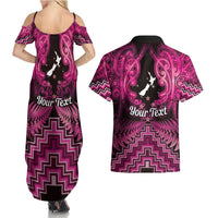 Personalised Aotearoa Matariki Couples Matching Summer Maxi Dress and Hawaiian Shirt Pink Fern Maori Poutama