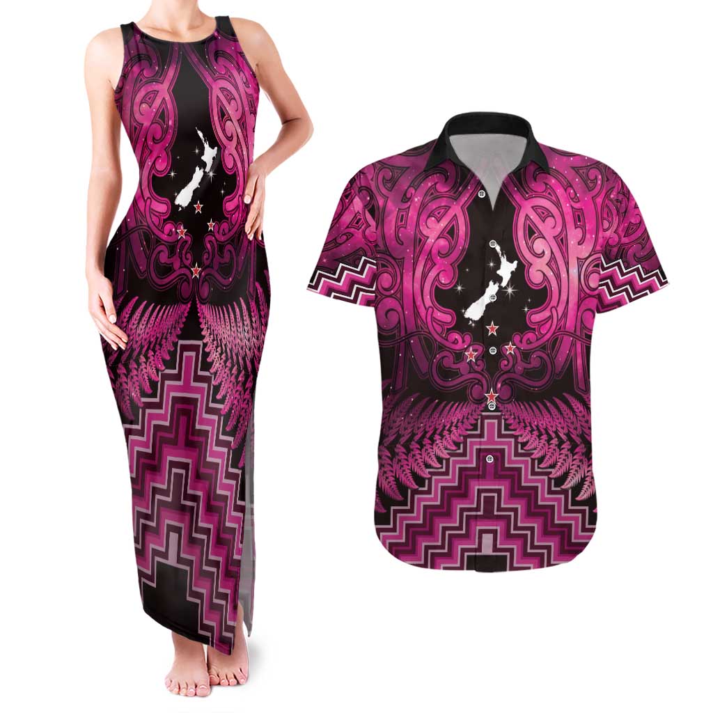 Personalised Aotearoa Matariki Couples Matching Tank Maxi Dress and Hawaiian Shirt Pink Fern Maori Poutama