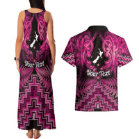 Personalised Aotearoa Matariki Couples Matching Tank Maxi Dress and Hawaiian Shirt Pink Fern Maori Poutama