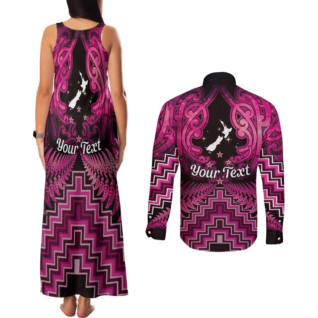Personalised Aotearoa Matariki Couples Matching Tank Maxi Dress and Long Sleeve Button Shirt Pink Fern Maori Poutama